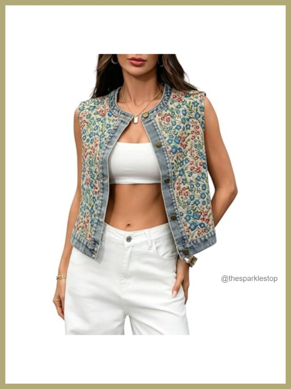 Women's Floral Denim Vest Sleeveless Jean Jacket Button Down Embroidered